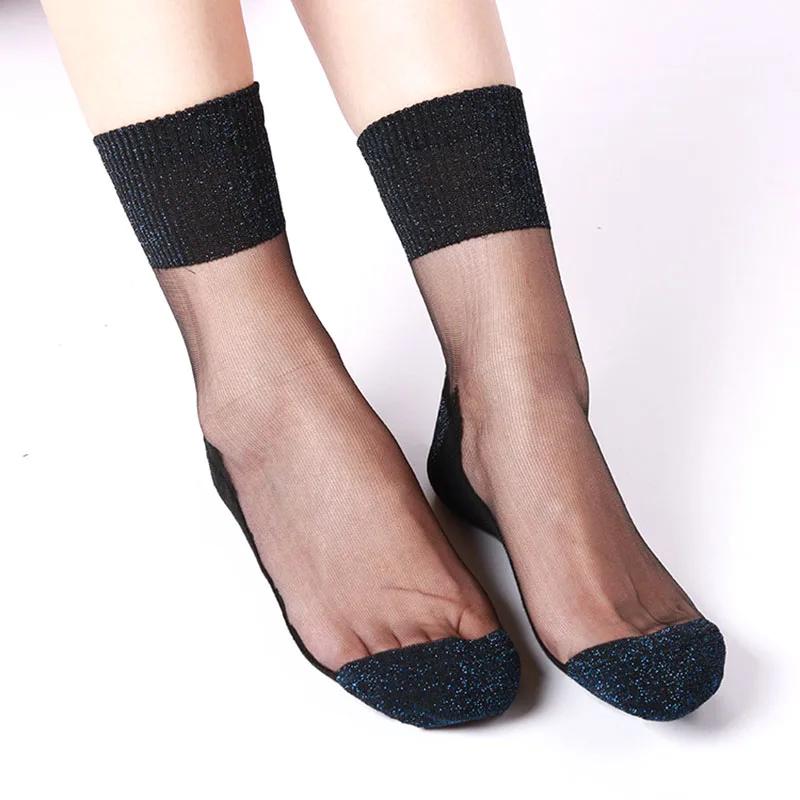Women Summer Fashion Ultrathin Transparent Socks Glitter Crystal Glass Silk Socks Beautiful Lace Shiny Elastic Short Socks