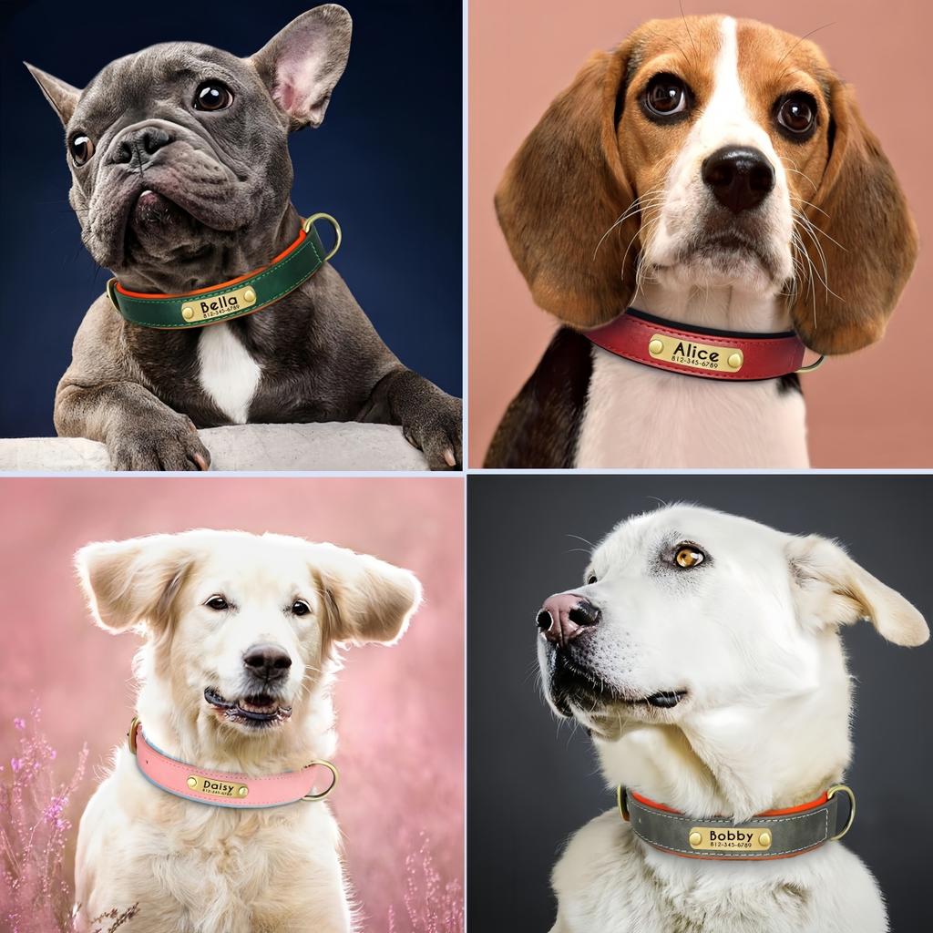 Персонализированный ошейник для собак, ошейники для собак из искусственной кожи с гравировкой, бесплатная гравировка, идентификационная бирка, табличка для маленьких, средних и больших собак