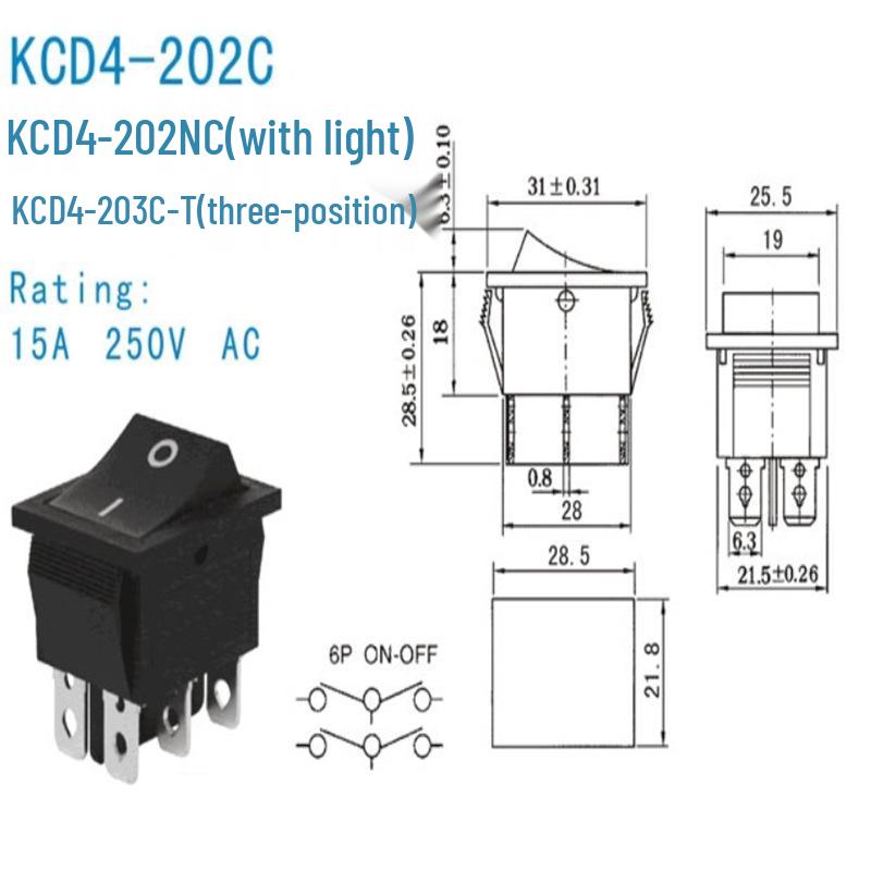 KCD4 Rocker Switch: 16A, 250V, 4/6 Pins, 2/3 Positions, with Lighted Reset Button