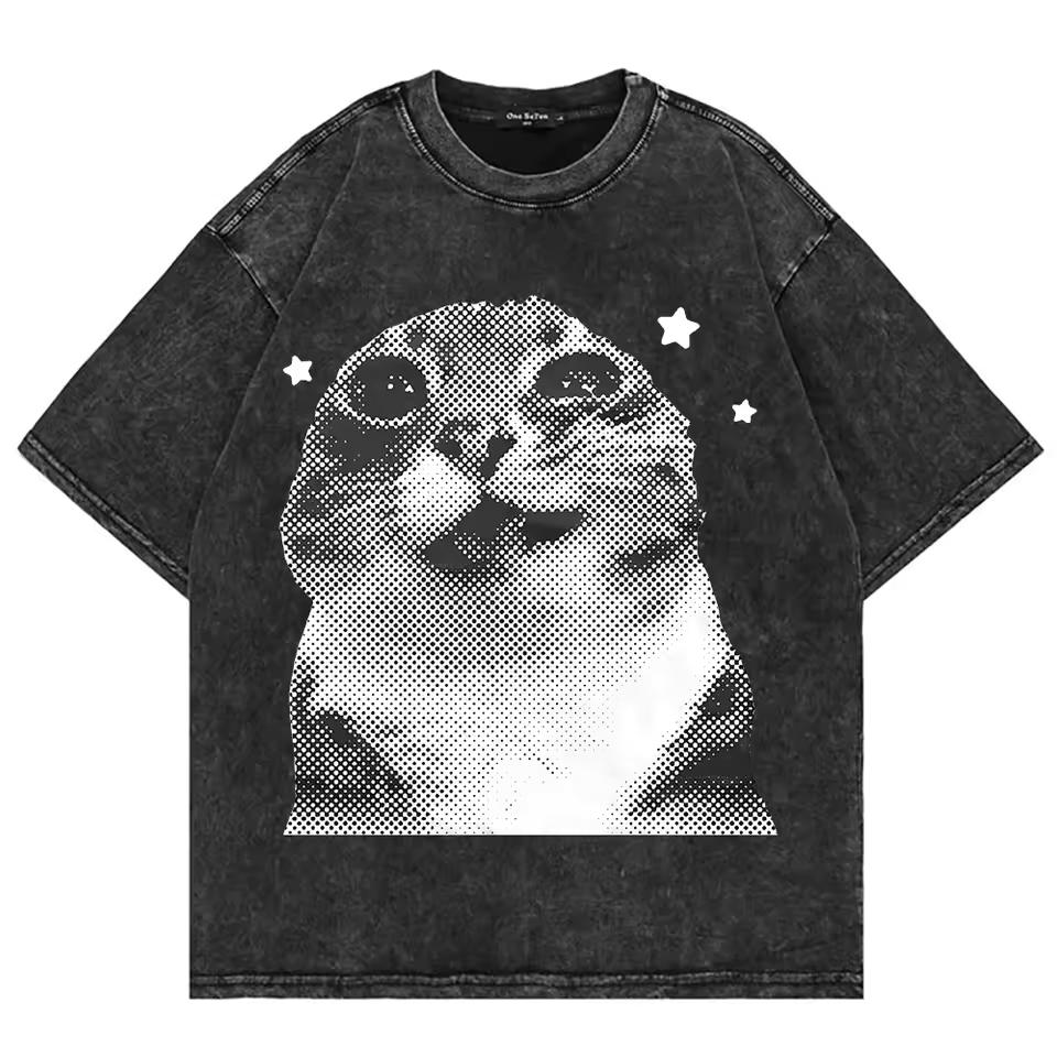 Hot Sale Cotton Vintage Washed Y2k Funny Cat Meme T Shirt Fashion Men_Women Aesthetic Graphic Oversize Loose Ozy and Versatile