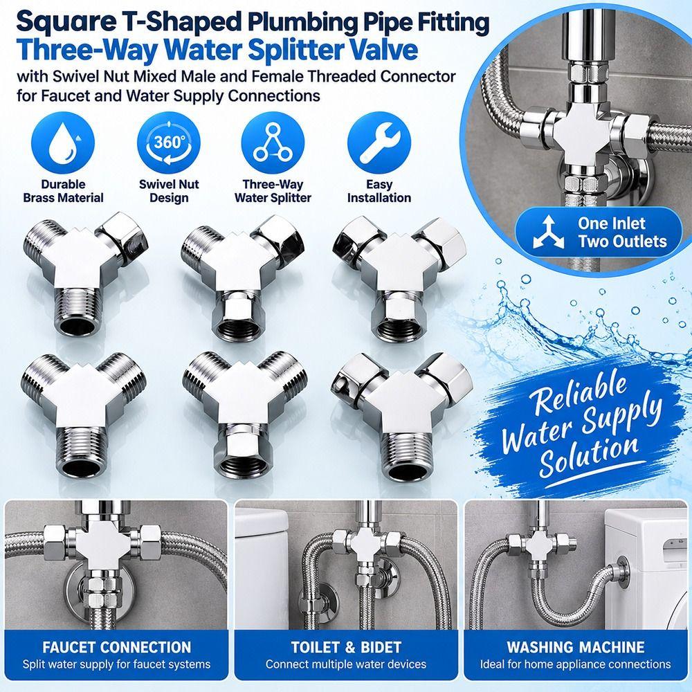 Square Shape Three Way Valve Swivel Nut Water Splitter New T Pipe Fitting  Water Supply Plumbing
