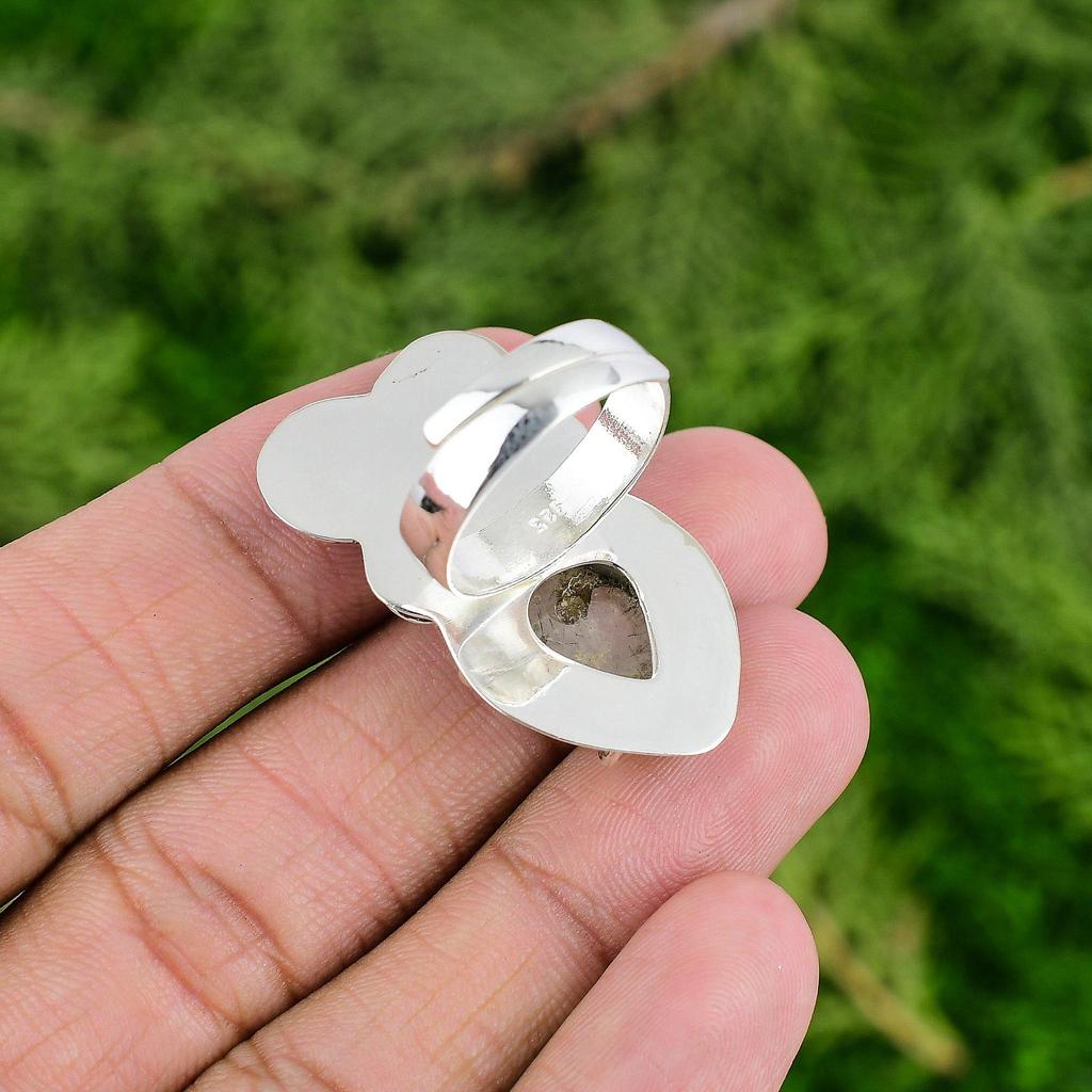 925 Sterling Silver Black Rutilated Quartz Stone Statement Flower Ring Jewelry