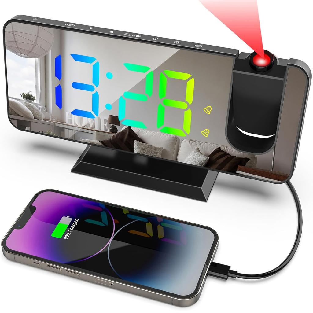 Multi-Functional Projection Alarm Clock Mirror LED Display Auto Dimming Light Snooze Dual Alarms 180° Rotatable Time Projector for Bedroom