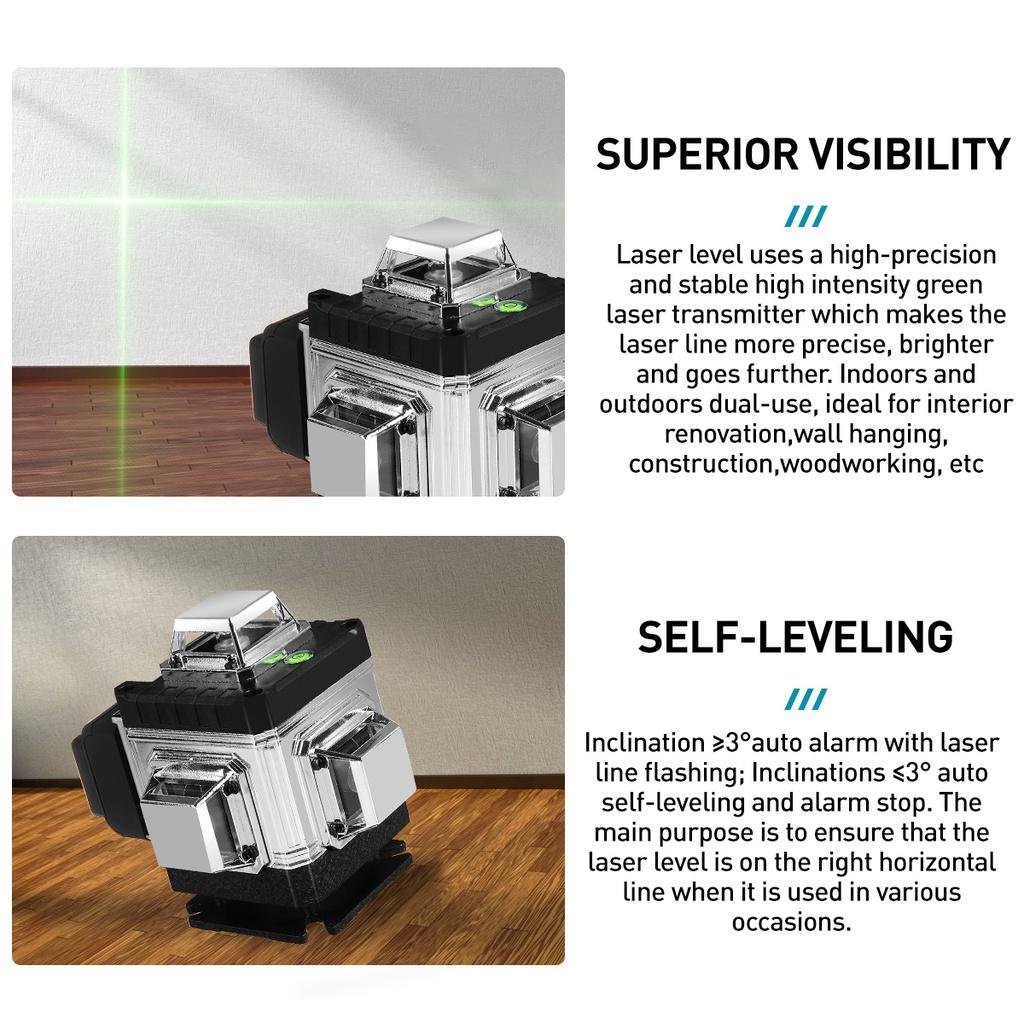 4D 16-линейный лазерный уровень, зеленая линия, самовыравнивающийся, 360° по горизонтали и вертикали, супермощный зеленый лазерный уровень, управление через приложение