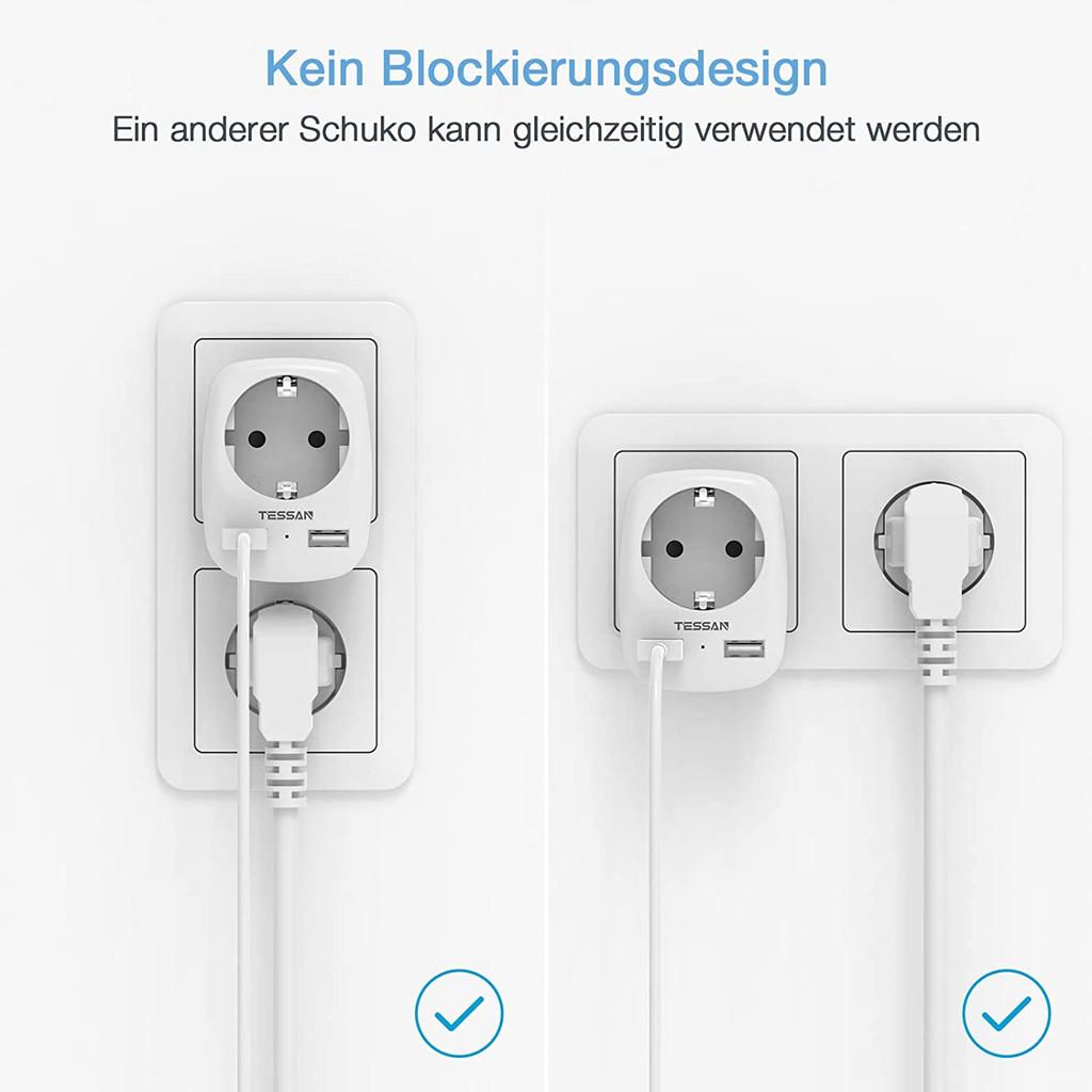 Tessan Компактная розетка с 2 портами USB, адаптером европейского стандарта 3 в 1 с защитой от перегрузки для офиса, дома, путешествий