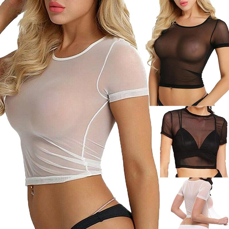 See Womens Fashion Through Mesh Sheer Tank Crop Top Vest Tshirt Blouse Tee Tops