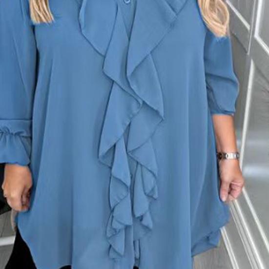 Женская рубашка с V-образным вырезом, длинным рукавом, оборками, повседневная рубашка, однотонные повседневные свободные топы, шифоновая блузка, повседневная одежда