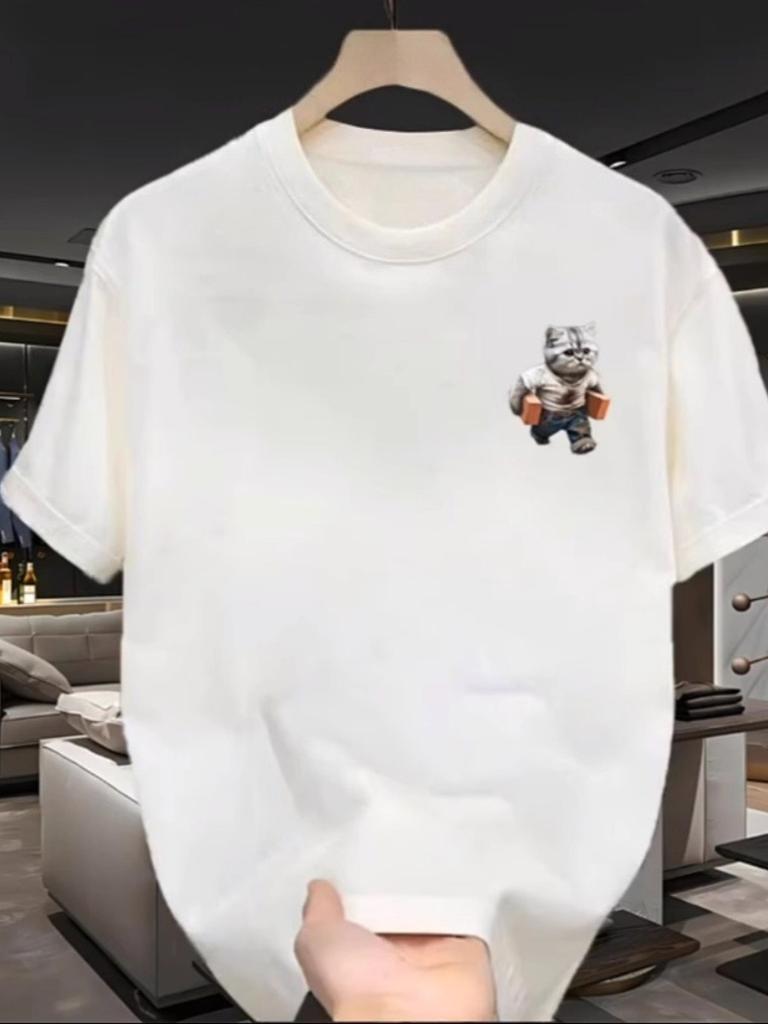 25 New Solid Color Round Neck Short-sleeved T-shirt Men's Summer Cat Print Pure Cotton Couple's Versatile Super Fire Street Top