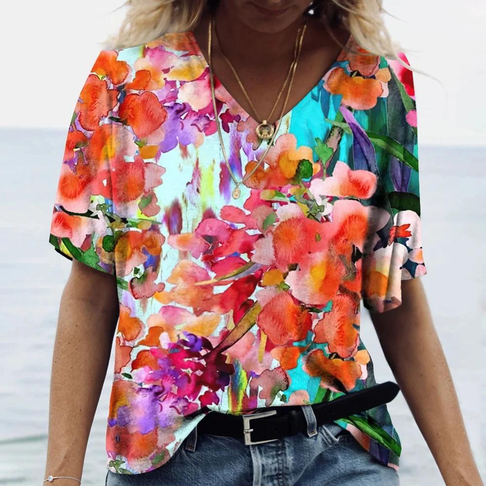 Colorful Floral T-shirt For Women Fashionable V-Neck Tops Tees Female Casual Stylish Short Sleeve Clothing Ladies Vintage Outfit