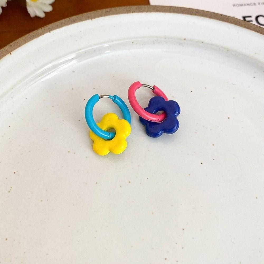 1pair Dopamine Flower Earrings Gold Color Circle Hoop Earrings Sweet Fashion Jewelry Gift