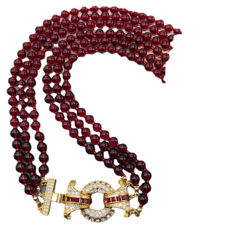 Винтажная многослойная цепочка для свитера из гранатово-красных стеклянных бусин и ожерелье-браслет со стразами