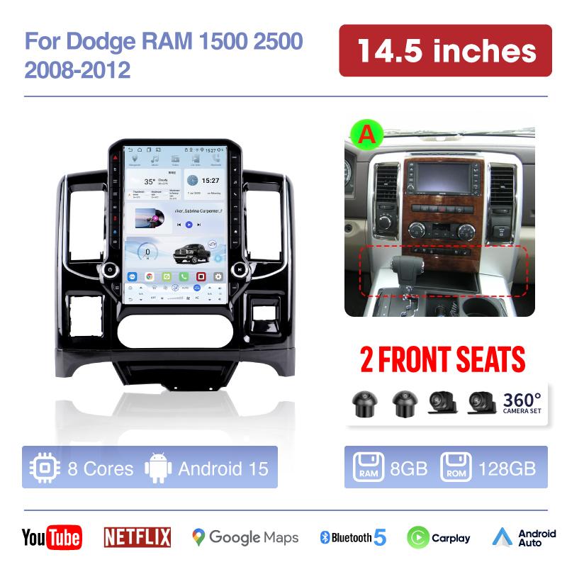 14,5 и 12,1 дюйма Для Dodge RAM 1500 2500 2008-2012 Автомобильная радиостанция Мультимедиа GPS-навигация Android 15 Авто Автомобильный Carplay 360-градусная камера 4G