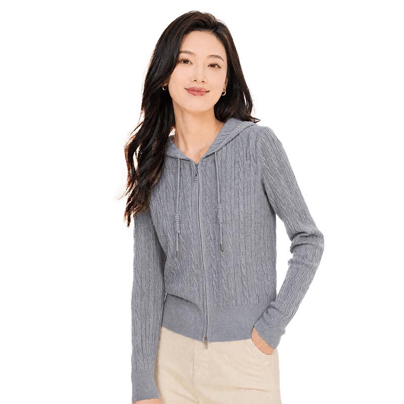 ROMON Women's Wool-Blend Hooded Knit Zip-Up Sweater