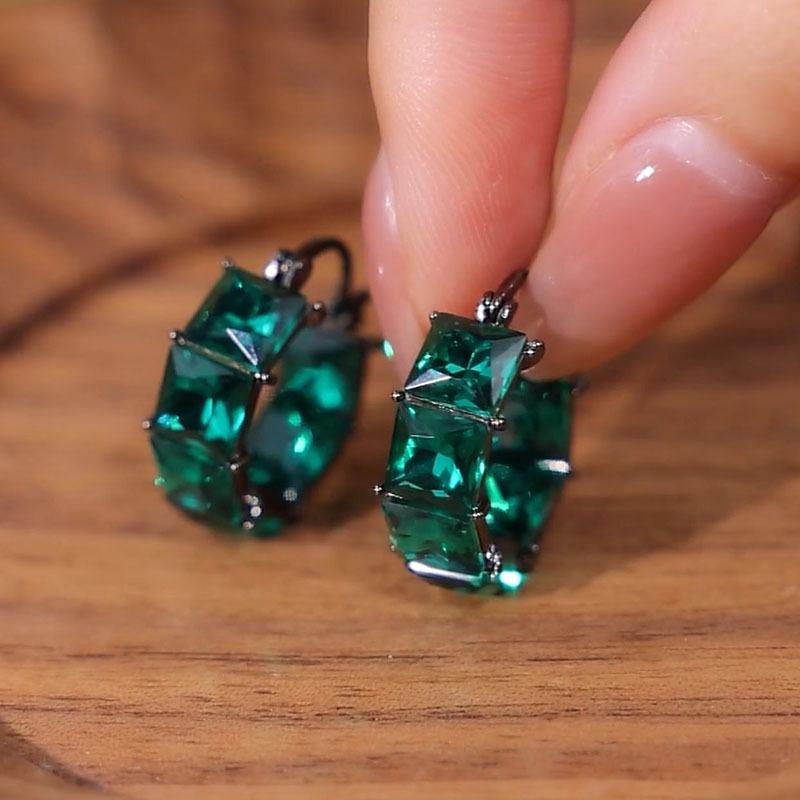 Square Green Grey Crystal Round Hoop Earrings for Women Men Black Gold Color Zircon Ear Buckle Wedding Party Jewelry Antique