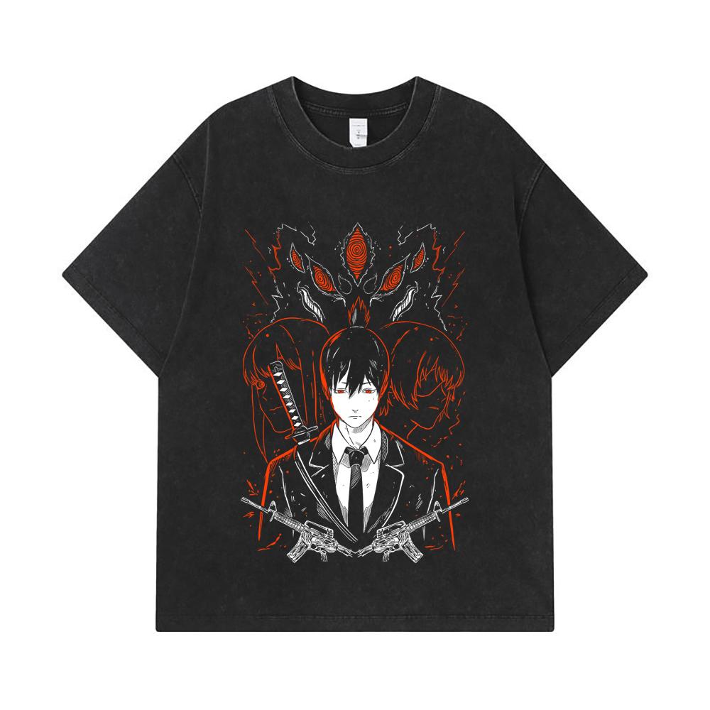 GSM Washed Tshirts  Cotton Chainsaw Man V Aki Print Unisex Heavy Cotton T Shirt