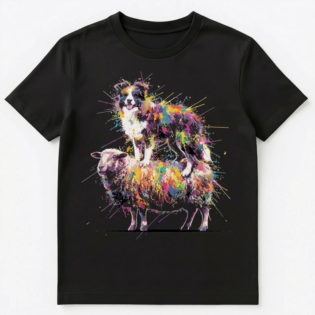 Colorful Paint Splash Border Collie On A Sheep Art Graphic Unisex T-shirt Tops Tees Unisex