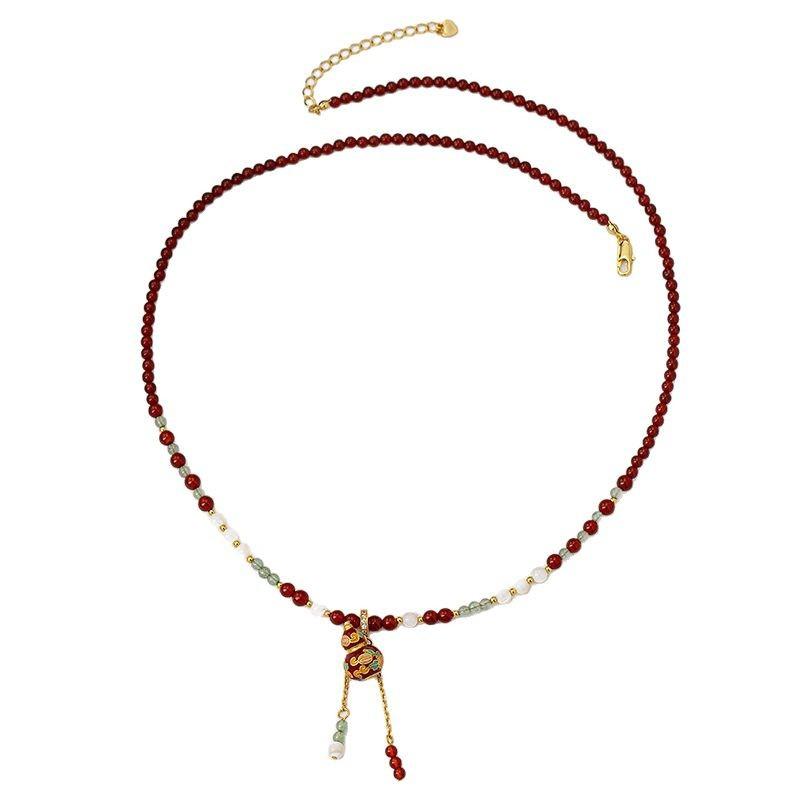 Vintage new Chinese agate enamel gourd pendant necklace women's color bohemian oil pearl necklace
