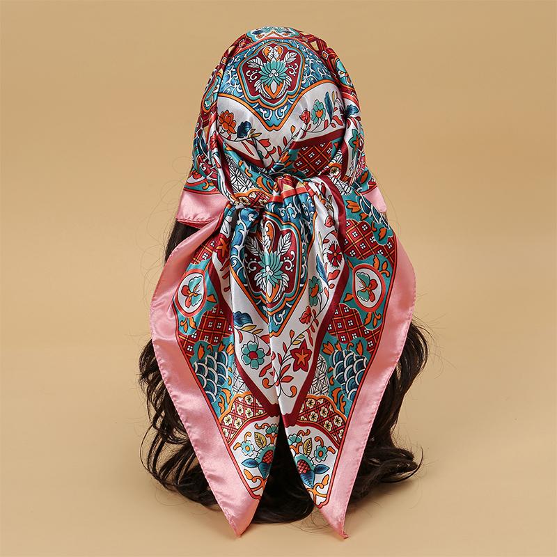 Satin Square Scarf Women Muslim Hijab Elegant Print Silk Neckerchief Shawl Wraps Headband Handle Hair Accessories Bandana