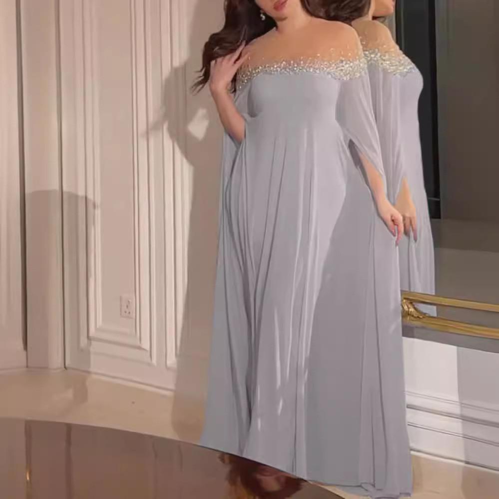 Women Elegant Round Neck Rhinestone Pearl Long Sleeves Kaftan Middle East Bride Bridesmaids Wedding Long Dress Gorgeous Party Maxi Ball Gowns