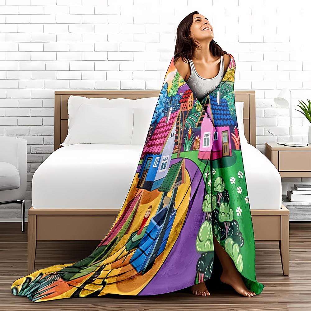 Colorful Fairy Tale Village Landscape Printed blanket blanket Decor blanket, suitable for use in the bedroom, living room, on the sofa