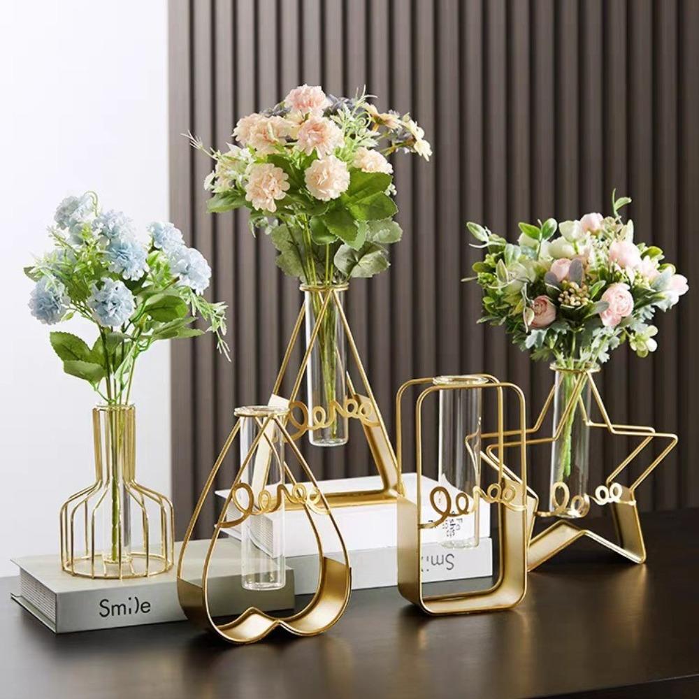 2025 Pentagram Heart Hydroponic Vase Home Decoration Tabletop Ornament Glass Test Tube Nordic Style Triangle Rectangle Iron Art