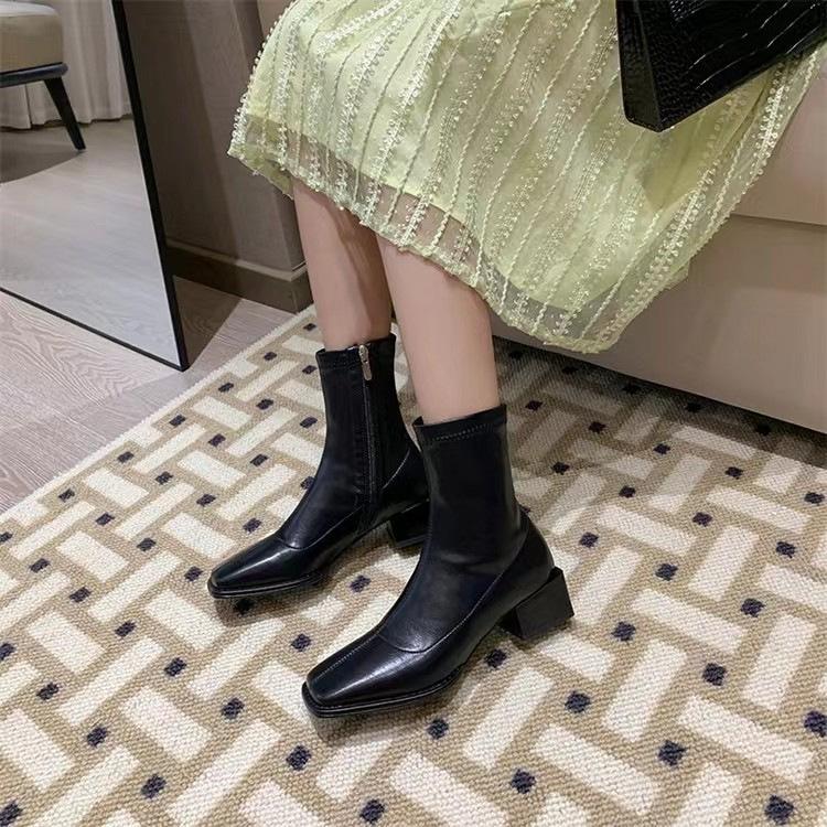 Square Heel Elastic Short Boots Women'S Thick Heel Single Boots Skinny Boots Fashion Brown Martin Boots
