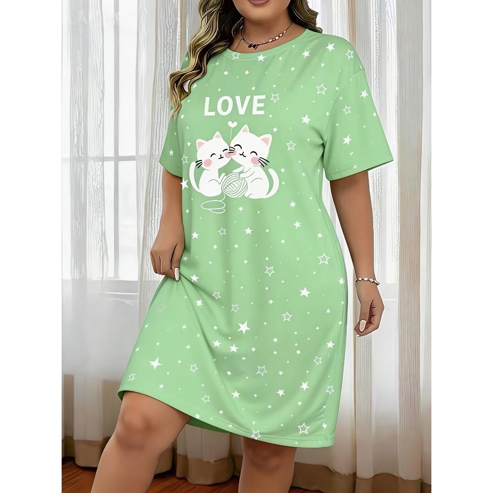 Plus-size Women's Cute Cat and Star Letter Print Casual Dress, Comfortable Short-sleeve