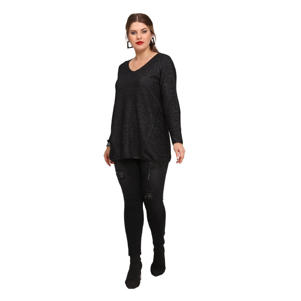Fierte Женская блузка большого размера Lm43210 с v-образным вырезом, потайным карманом на молнии и длинным рукавом, черная