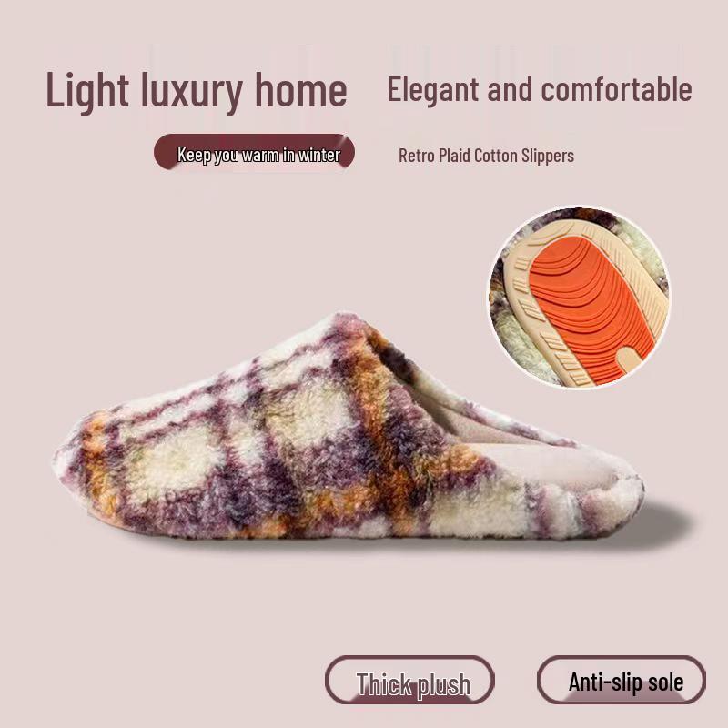 Women’s & Men’s Retro Plaid Cotton Slippers: Cozy, Plush, Thick Sole, Silent Warmth for Autumn/Winter Indoors.