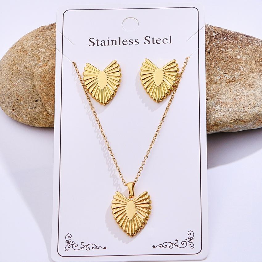 Stainless Steel Gold Plated Irregular Striped Heart-shaped Circular Oval Marine Creature Pendant Necklace Earring Jewelry Set
