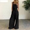 Women's Summer Sleeveless Cotton Linen Side Button Opening Overalls Loose Long Wide Leg Pants Female Jumpsuits