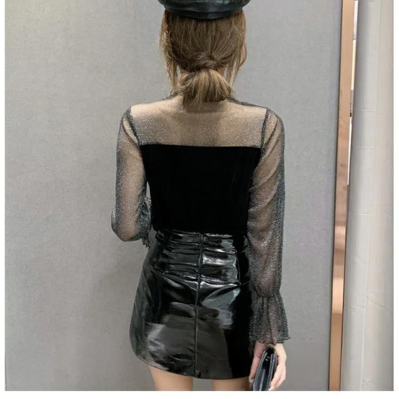 Новый сетчатый женский весенне-осенний топ с кружевом и стразами, модный, приталенный, универсальный, сексуальный, с длинным рукавом