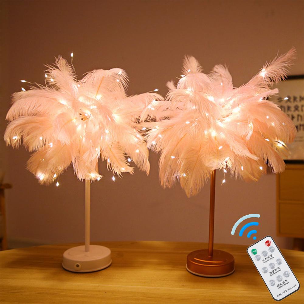 Creative DIY Feather Table Lamp Remote Control USB/AA Battery Power Warm Light Tree Feather Lampshade Wedding Home Bedroom Decor