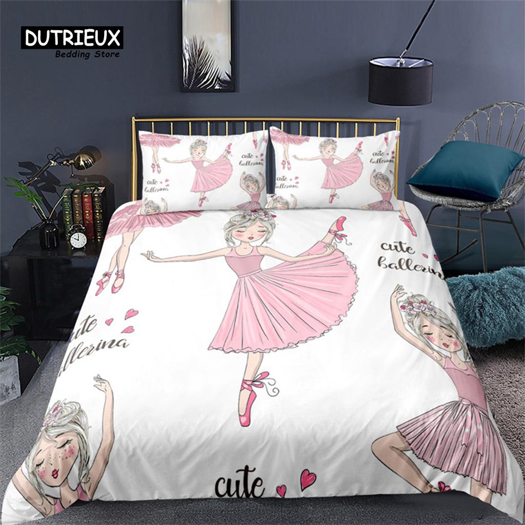 Cartoon Ballet Girl Toddler Bedding Set For Kids Teen Girls Microfiber Modern Swan Cat Unicorn Print Duvet Cover Bedroom Decor