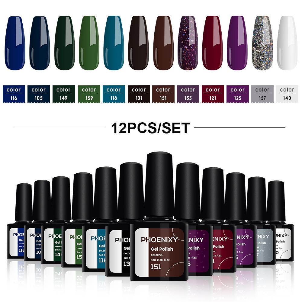 PHOENIXY, 8 мл, 12 цветов, гель-лак для ногтей, гель для ногтей, полуперманентный твердый гель для ногтей, замачиваемый УФ-гель, нужна база, верхнее покрытие, дизайн ногтей «сделай сам»