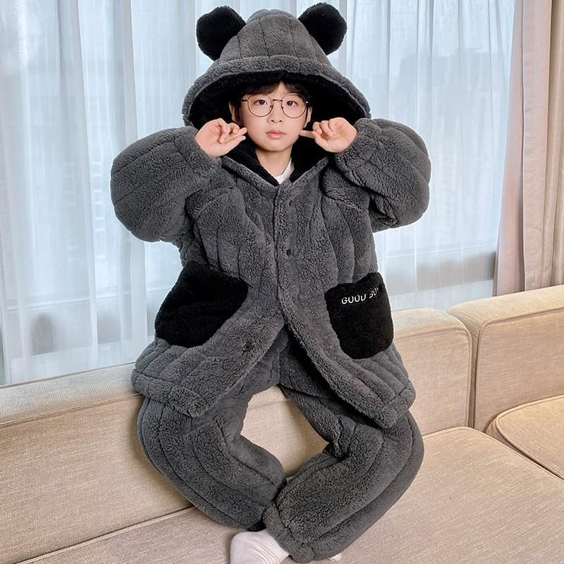 Boys Winter Warm Coral Fleece Robe With Hooded Design 3-Layer Cotton Padding Kids Sleepwear Long Sleeve Home Pajamas