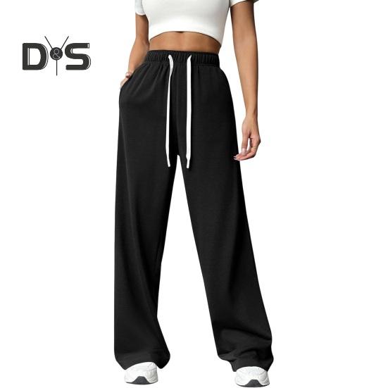 Women Pants Elastic High Waist Adjustable Drawstring Straight Wide Leg Trousers with Pockets Solid Color Casual Pants