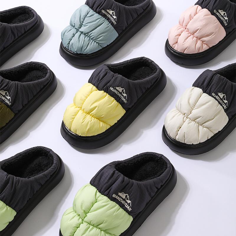 Водонепроницаемые пуховые тканевые хлопковые тапочки зимние домашние с толстой подошвой нескользящие парные домашние зимние хлопковые тапочки