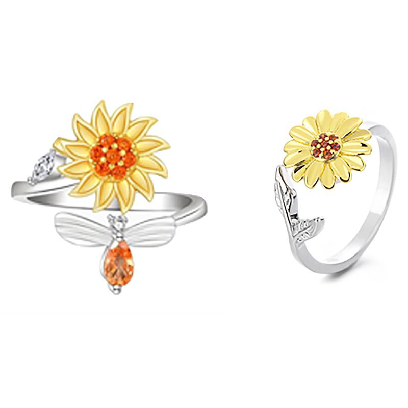 Кольцо с вращающимся подсолнухом, регулируемое по размеру, с цирконием, маленькая пчелка