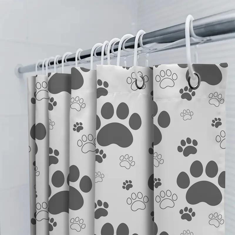 White Shower Curtain With Black Paw Prints Decorative Pet Print Shower Cover For Bathroom – Easy Installation Waterproof Materia