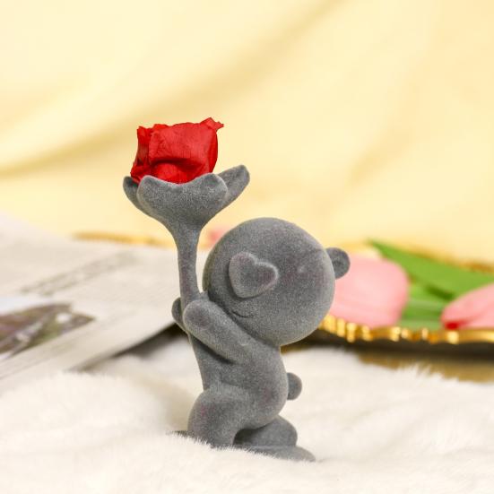 Valentines Day Bear Ornament with Preserved Rose Holding Eternal Flower Flocking Bear Decoration Wedding Anniversary Romantic Gift