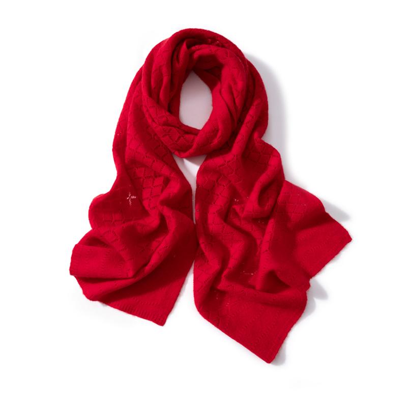 Women's 100% Cashmere Solid Color Scarf Hollow Grid Knitted Windproof Elegant Embroidery Texture Neckerchief for Ladies Banquet