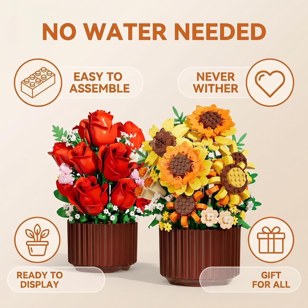 DIY Bouquet of Roses Sunflower Building Block Set Eternal Creative Puzzle Assembly Simulation rose Potted Ornament Home Decor