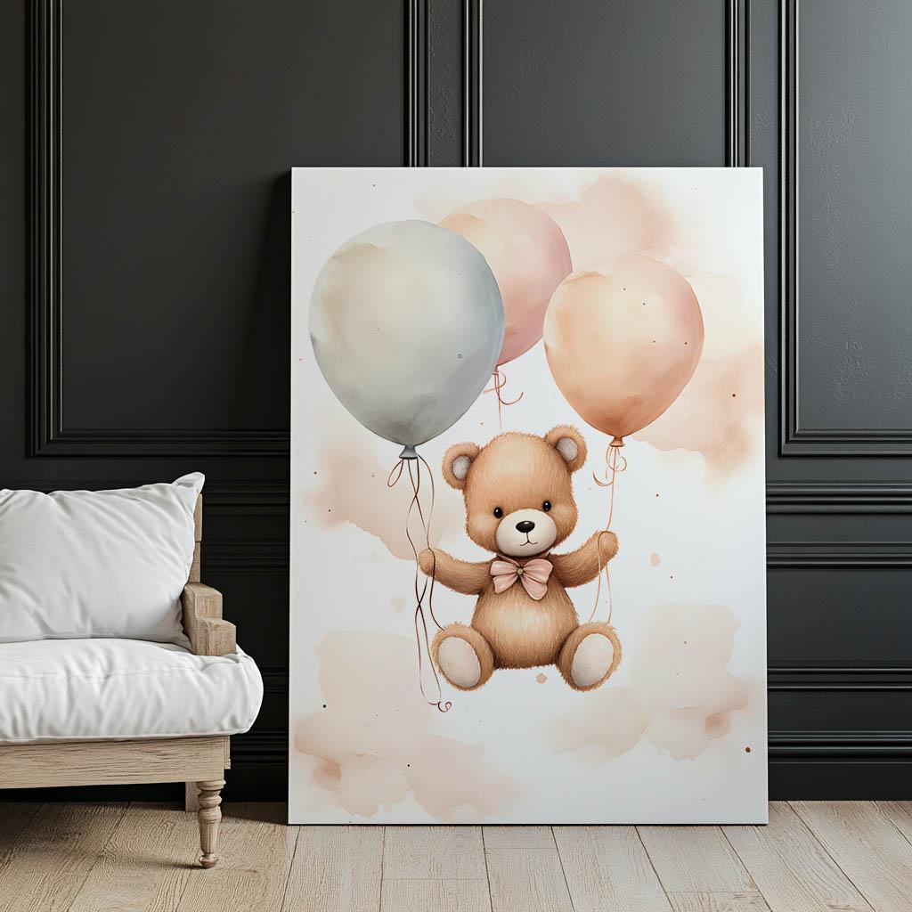 Miś W Balonowej Podróży Miś W Balonowej Podróży, 40X50 Cm, Rama Aluminiowa Złota, Papier Matowy 230 Gsm