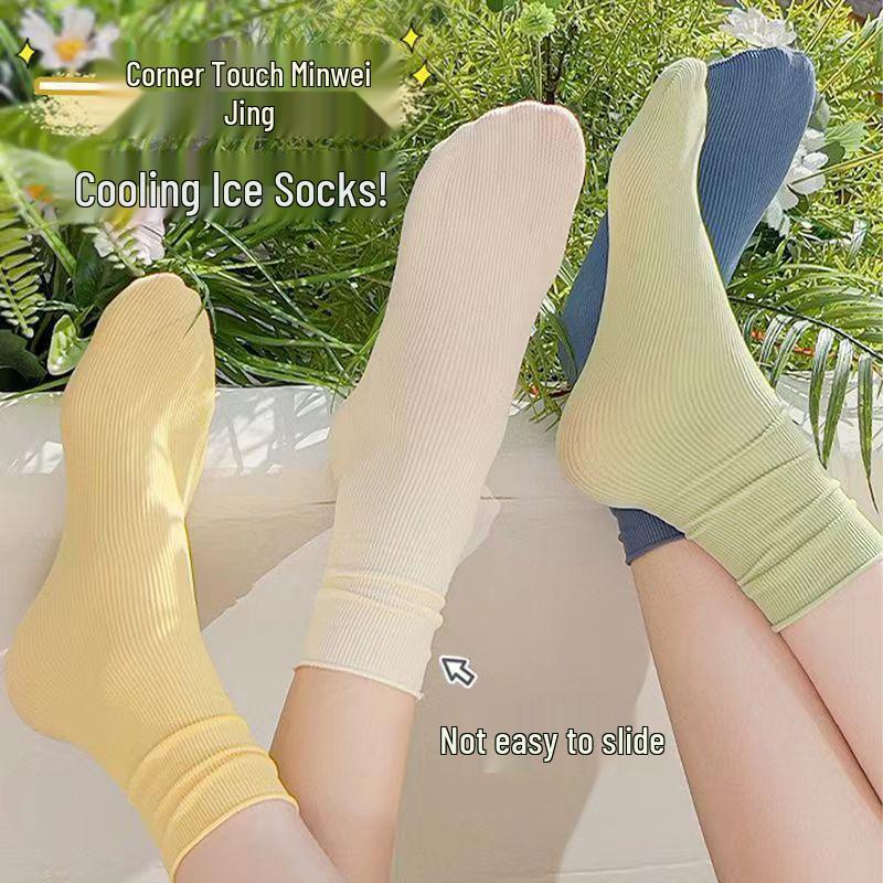 Женские белые носки до середины икры из ледяного шелка: Тонкий, Однотонный, Вельвет, Весна/Лето