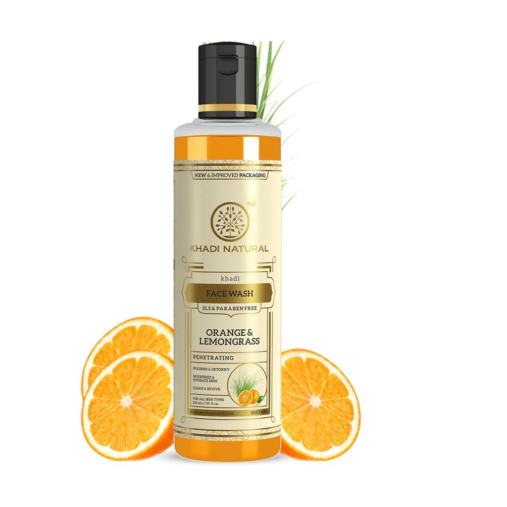 KHADI NATURAL Травяное средство для умывания лица «Апельсин и лемонграсс» для здоровой сияющей кожи. Без парабенов и SLS. 210 мл