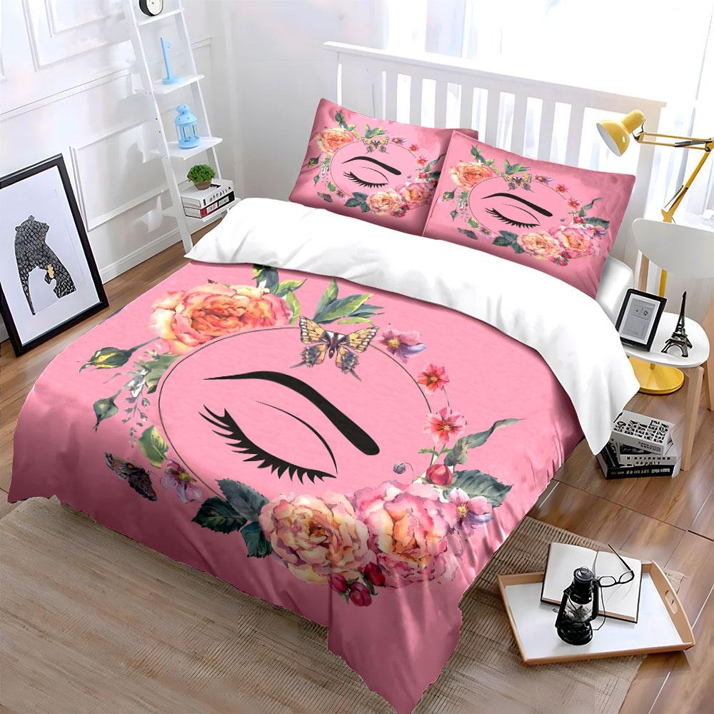 3Pcs Pink Floral Lash Makeup Wreath Bedding Set, Watercolor Rose Butterfly Print Duvet Cover 2 Pillowcases King Queen, Gift