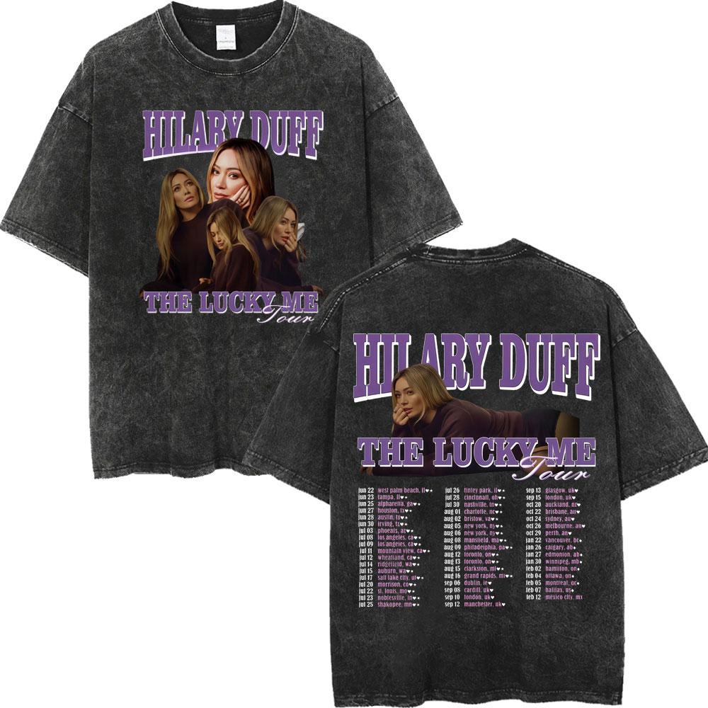 Hilary Duff The Lucky Me Tour Vintage Washed Tshirt Fashion Aesthetic Short Sleeve Tshirts Men Women Casual Loose T Shirt