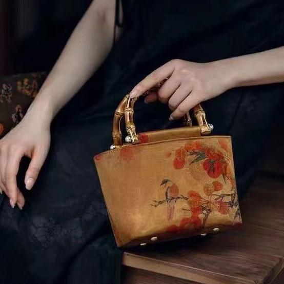 IELGY original design fragrant cloud yarn bamboo cheongsam handbag, new Chinese style retro Hanfu bamboo handle handbag