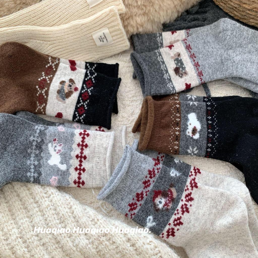 Женские носки до середины икры с узором Fair Isle и мультяшным дизайном, из велюровой шерсти - Осень/Зима, Толстые и теплые, Японский ретро дизайн с собакой